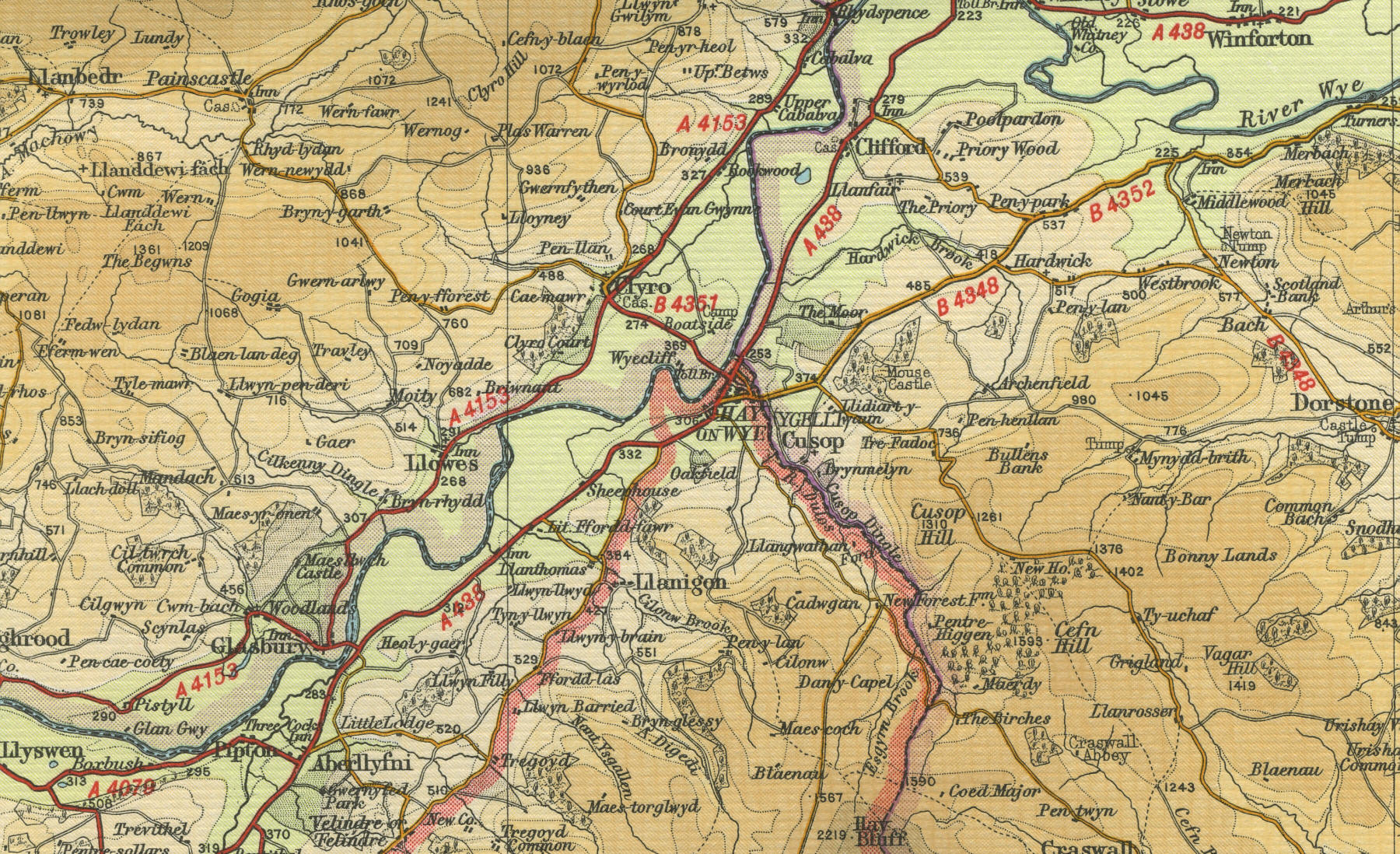 Antiguo mapa de Hay-on-Wye, condado de Powys, antiguo condado de Brecknockshire, nación de Gales, Reino Unido de la Gran Bretaña y el Norte de Irlanda.